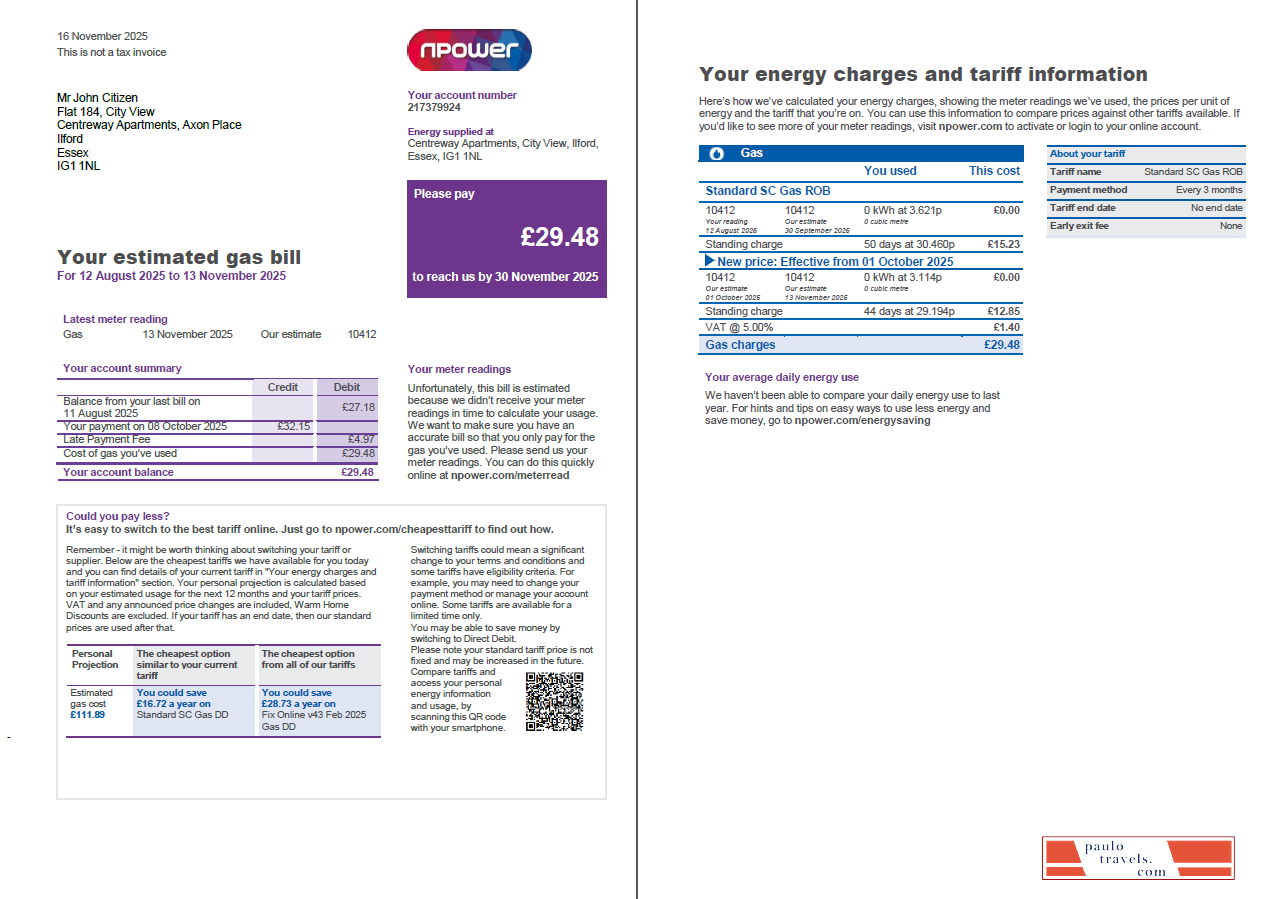 United Kingdom Npower utility bill template in Word and PDF formats, 3 pages, 1 2 page